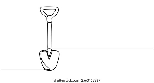 Shovel, dig, construction, cleaning one line art. Continuous line drawing of repair, professional, hand, people, concept, support, maintenance, Line Art Spade Tool Illustration. Scoop Sketch. 