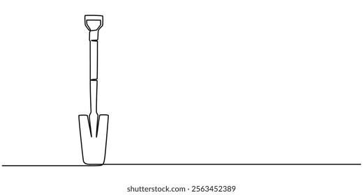 Shovel, dig, construction, cleaning one line art. Continuous line drawing of repair, professional, hand, people, concept, support, maintenance, Line Art Spade Tool Illustration. Scoop Sketch. 