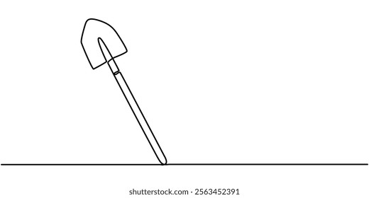 Shovel, dig, construction, cleaning one line art. Continuous line drawing of repair, professional, hand, people, concept, support, maintenance, Line Art Spade Tool Illustration. Scoop Sketch. 