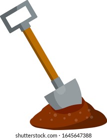 Shovel. Digging hole. Element of farms and villages. Harvest. Pile of earth. Wood brown tool. Cartoon flat illustration