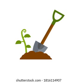 Shovel. Digging hole. Harvest. Pile of earth. Wood brown tool. Cartoon flat illustration. Element of farms and villages