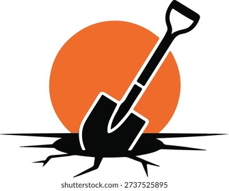 Shovel digging into the ground at sunset in a minimalist flat vector style
