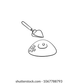 Shovel digging pit in ground for seed icon. Illustration gardening planting concept. Vector monochrome sketch spring or summer, ecology and environment symbol on isolated background.