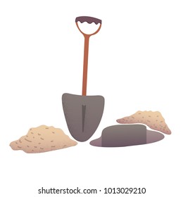 Shovel digging pit near the sand or ground heaps cartoon vector illustration