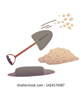 Shovel digging pit throwing stones near the sand or ground heaps cartoon vector illustration