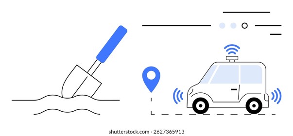 Pá cavando o solo, indicando a inicialização da construção, ao lado do carro autodirigindo com marcador GPS e sinais sem fio. Ideal para tecnologia, construção, start-ups, inovação, navegação, automação