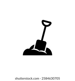 Shovel in dirt. Sand, ground and spade icon. Vector isolated illustration on a white background.