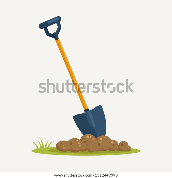Shovel in dirt, spade with soil
landscaping isolated on background. Garden tools, digging element,
equipment for farm. Spring work. Vector cartoon flat
design