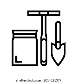 pala, taladro y bolsa para el vector de icono de la línea de ensayo del suelo. pala, taladro y bolsa para el signo de prueba del suelo. símbolo de contorno aislado ilustración negra