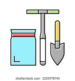shovel, drill and bag for soil testing color icon vector. shovel, drill and bag for soil testing sign. isolated symbol illustration