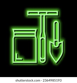 shovel, drill and bag for soil testing neon light sign vector. shovel, drill and bag for soil testing illustration