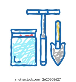 Schaufel, Bohrer und Tasche für Bodenprüfung doodle Symbol Skizze Vektor. Schaufel, Bohrer und Beutel für Bodenprüfzeichen. einzelne Symbolgrafik