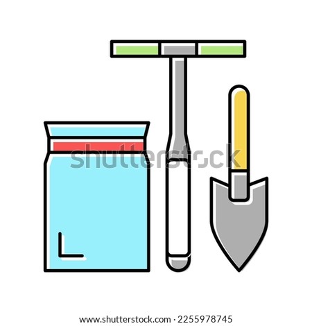 shovel, drill and bag for soil testing color icon vector. shovel, drill and bag for soil testing sign. isolated symbol illustration