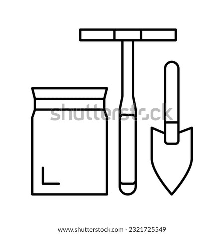 shovel, drill and bag for soil testing line icon vector. shovel, drill and bag for soil testing sign. isolated contour symbol black illustration