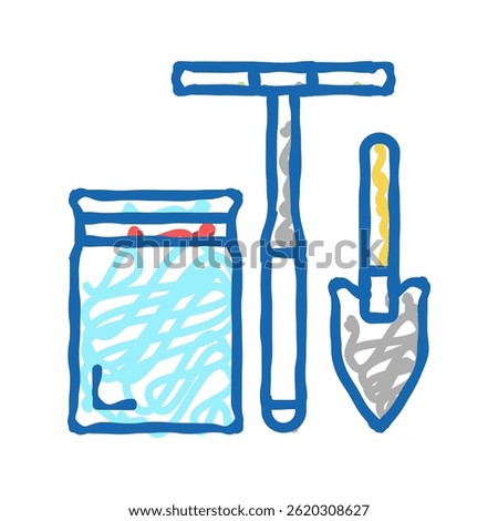 shovel, drill and bag for soil testing doodle icon sketch vector. shovel, drill and bag for soil testing sign. isolated symbol illustration