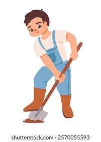 Сhild with a shovel during a spring harvest.  Flat vector illustrations isolated on white background.