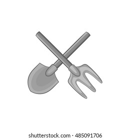 Shovel and fork icon in black monochrome style isolated on white background. Gardening symbol vector illustration