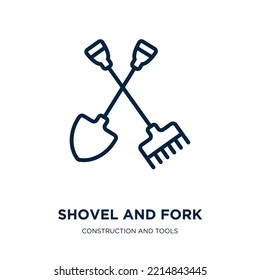 shovel and fork icon from construction and tools collection. Thin linear shovel and fork, shovel, agriculture outline icon isolated on white background. Line vector shovel and fork sign, symbol for 