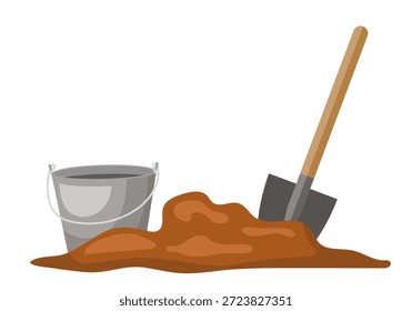 Pala, cama de jardín y cubo. Ilustración plana de Vector.