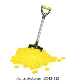 Shovel in golden pile. Vector illustration.