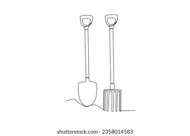 A shovel and a ground fork. Farm tools one-line drawing