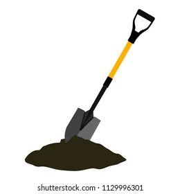 Shovel in the ground. Gardening tool on white background. Isolated shovel in heap of soil