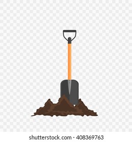 Shovel in the ground. Gardening tool on checked background. Isolated shovel in heap of soil