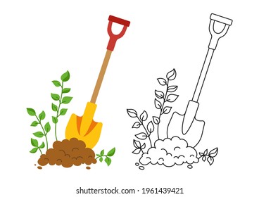 Shovel in ground set black line icon, cartoon style. Work tool for outdoor activities digging symbol. Rural gardening, Construction equipment collection. Hand drawn garden concept vector illustration