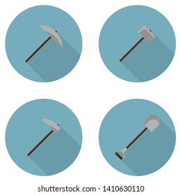 Shovel hammer and pickaxe icon with long shadow. Flat design style. Shovel and pick axe silhouette. Simple icon. Modern flat icon in stylish colors. Web site page and mobile app design vector element.