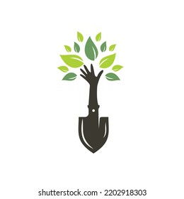 Shovel with hand tree vector logo design. Green garden environment logo design template.	