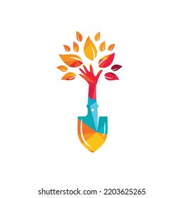 Shovel with hand tree vector logo design. Green garden environment logo design template.	