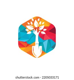 Shovel with hand tree vector logo design. Green garden environment logo design template.	