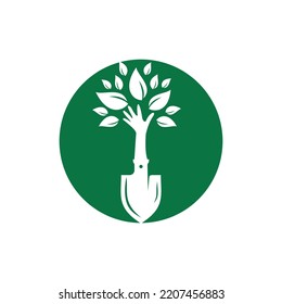 Shovel with hand tree vector logo design. Green garden environment logo design template.	