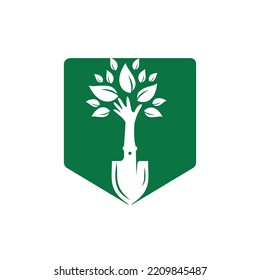 Shovel with hand tree vector logo design. Green garden environment logo design template.	
