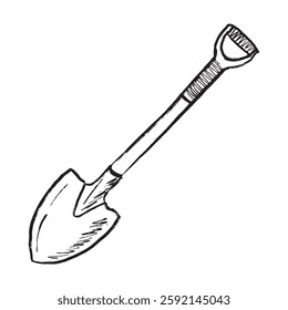 Shovel with handle in black isolated on white background. Hand drawn vector sketch illustration in doodle engraved vintage line art style. Working tool, agriculture, garden equipment