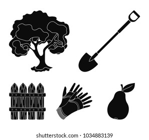 A shovel with a handle, a tree in the garden, gloves for working on a farm, a wooden fence. Farm and gardening set collection icons in black style vector symbol stock illustration web.