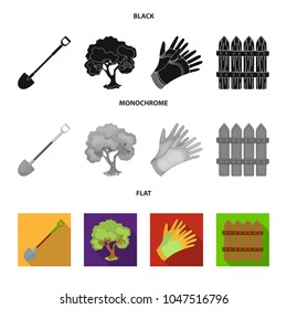 A shovel with a handle, a tree in the garden, gloves for working on a farm, a wooden fence. Farm and gardening set collection icons in black, flat, monochrome style vector symbol stock illustration