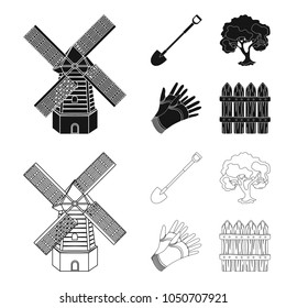 A shovel with a handle, a tree in the garden, gloves for working on a farm, a wooden fence. Farm and gardening set collection icons in black,outline style vector symbol stock illustration web.