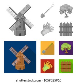 A shovel with a handle, a tree in the garden, gloves for working on a farm, a wooden fence. Farm and gardening set collection icons in monochrome,flat style vector symbol stock illustration web.