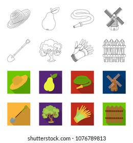 A shovel with a handle, a tree in the garden, gloves for working on a farm, a wooden fence. Farm and gardening set collection icons in outline,flat style vector symbol stock illustration web.