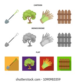 A shovel with a handle, a tree in the garden, gloves for working on a farm, a wooden fence. Farm and gardening set collection icons in cartoon,flat,monochrome style vector symbol stock illustration