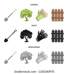 A shovel with a handle, a tree in the garden, gloves for working on a farm, a wooden fence. Farm and gardening set collection icons in cartoon,black,monochrome style vector symbol stock illustration