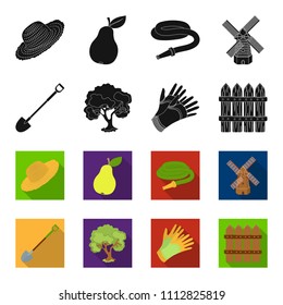A shovel with a handle, a tree in the garden, gloves for working on a farm, a wooden fence. Farm and gardening set collection icons in black,flet style vector symbol stock illustration web.