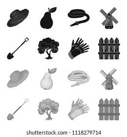A shovel with a handle, a tree in the garden, gloves for working on a farm, a wooden fence. Farm and gardening set collection icons in black,monochrome style vector symbol stock illustration web.