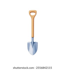 The shovel has a sharp blade and a silver tip. The handle is made of a light brown wood, and the tip of the handle is a darker shade of brown. The background is a solid white