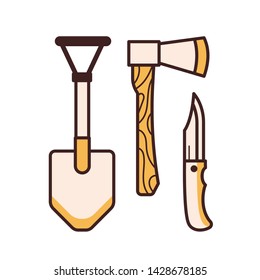 Shovel, hatchet axe and tourist knife line icons. Camping and hiking tools in line art.