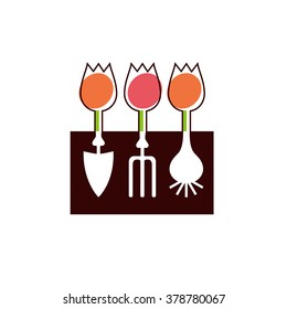 Shovel, hayfork, bulb and tulips flowers garden tools company logo