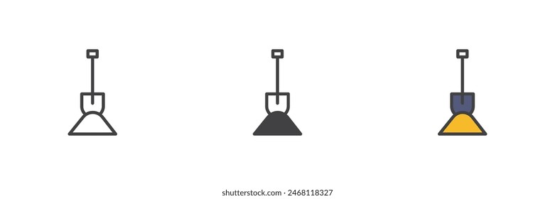 Shovel and heap of cement different style icon set. Line, glyph and filled outline colorful version, outline and filled vector sign. Construction symbol, logo illustration. Vector graphics