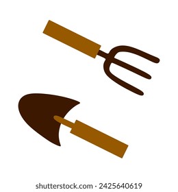 Shovel and Hoe are gardening tools. Vector flat Design Illustration isolated White background. Garden Equipment Elements for Cultivating and Farming. Design art for Card, Poster, Banner.