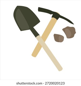 Schaufel, Hacke und Stein. Schaufel und Stücke von Edelsteinen